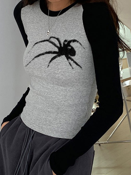 Spider Print Raglan Slim Long Sleeve Knit