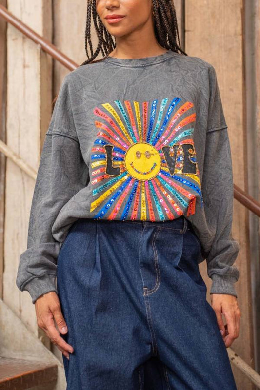 Exquisite Smiley Face Embroidered Crew Neck Sweatshirt