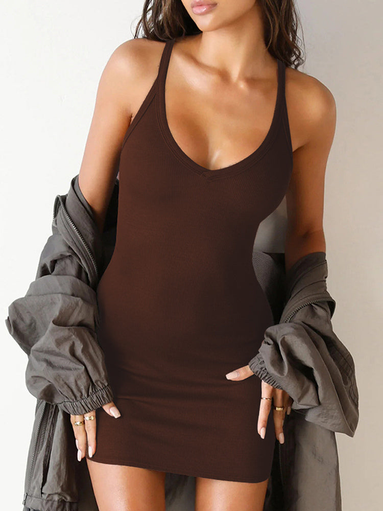 Bodycon Dresses Coffee Brown Sleeveless Sexy U-Neck Slim Fit Dress Sheath Dress