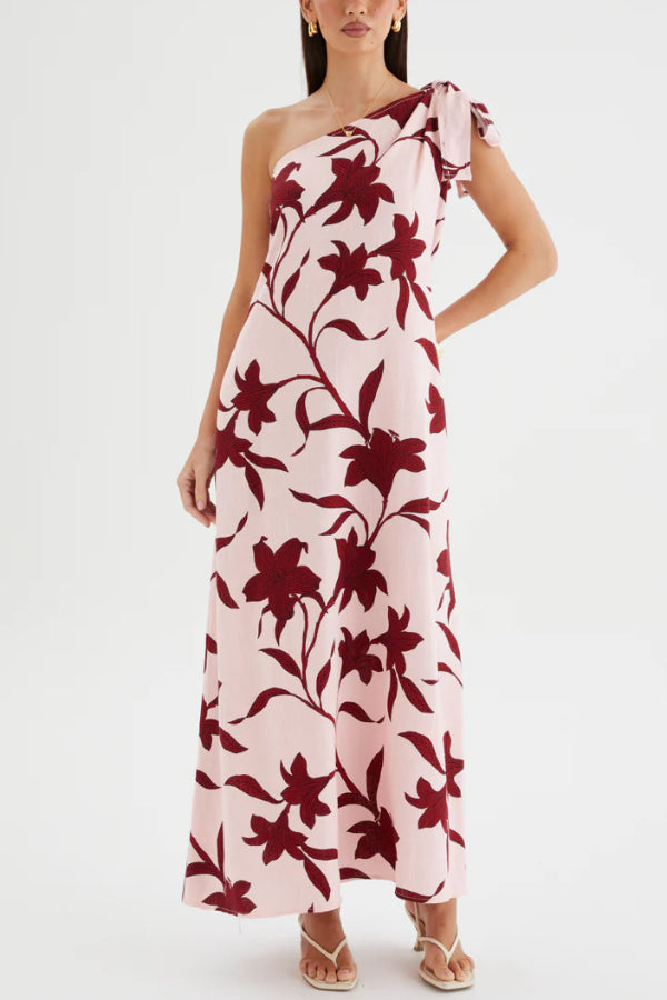 Botanical Print Sleeveless One-shoulder Tie-up Casual Vacation Maxi Dress