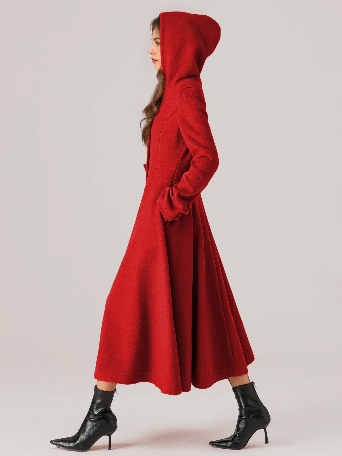 Woolen Flared Coat With Hood For Woman Red A-line Long Winter Outerwear 2026