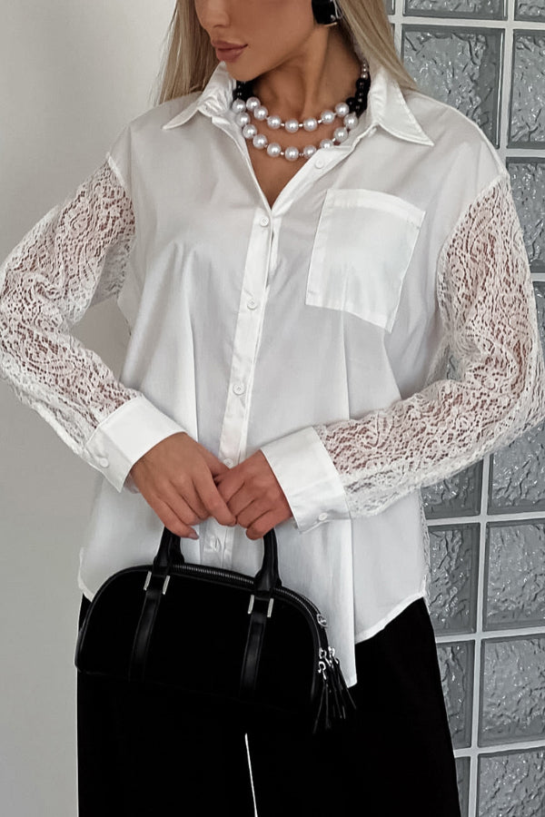 Fashionable Openwork Lace Patchwork Long-sleeved Loose Shirt