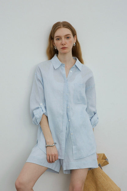 Linen Adjustable Tab Long Sleeve Top