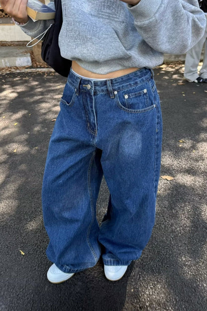 Vintage Relaxed Curved Wide Leg Dark Blue Jeans