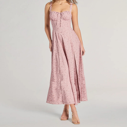 Slit flower print backless zip-up cami maxi dress