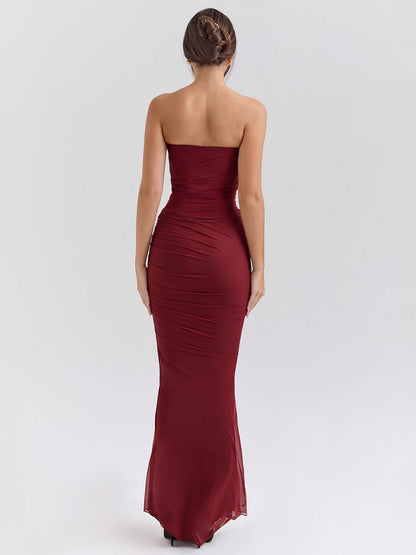 Strapless Corset And Mesh Maxi Skirt And Neck Scarf Party 3 Piece Co-ord Set For Women 2026