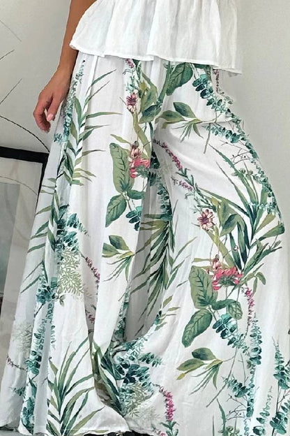 Summer Garden Botanical Print Smocked Waist Wide Leg Palazzo Pants