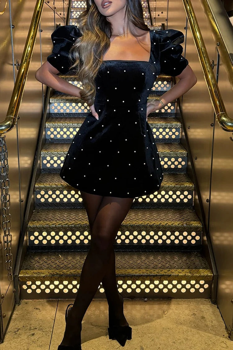 Puff Sleeve Square Neck Pearls Decor Velvet Mini Dresses-Black