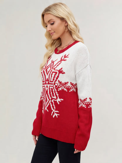 Snowflake Print Christmas Sweater Red White Knit Pullover For Women 2026