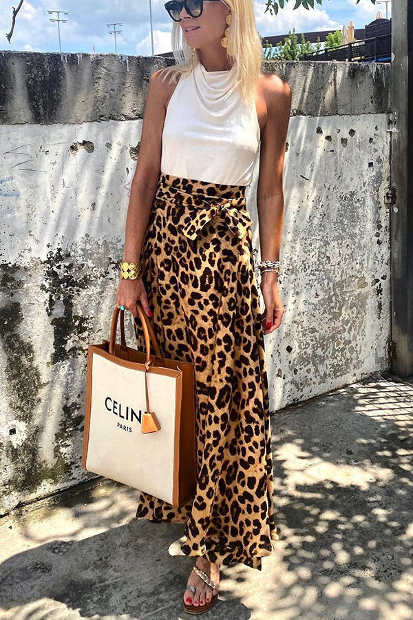 Today’s Journey Satin Leopard Tie Front Elastic Waist Midi Skirt
