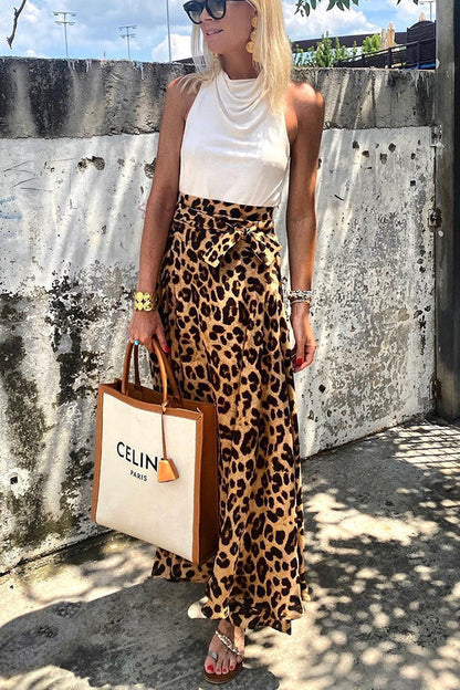 Today’s Journey Satin Leopard Tie Front Elastic Waist Midi Skirt