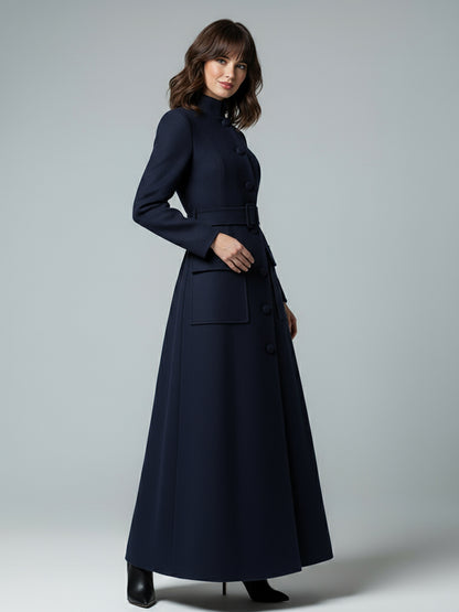 Woolen Full-Length Maxi Coat With Stand Collar And Flap Pockets For Women 2026