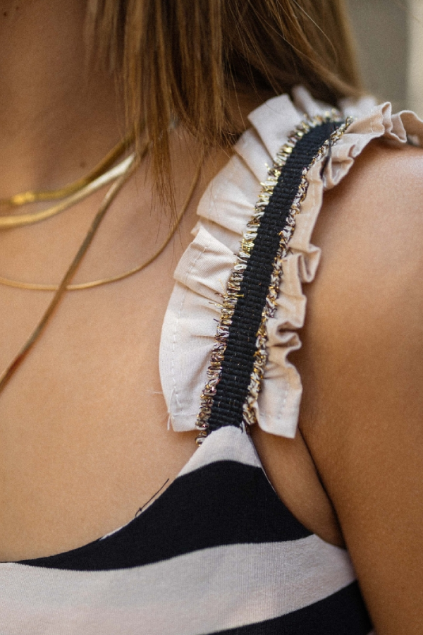 Black and white striped contrast stitching long suspender dress