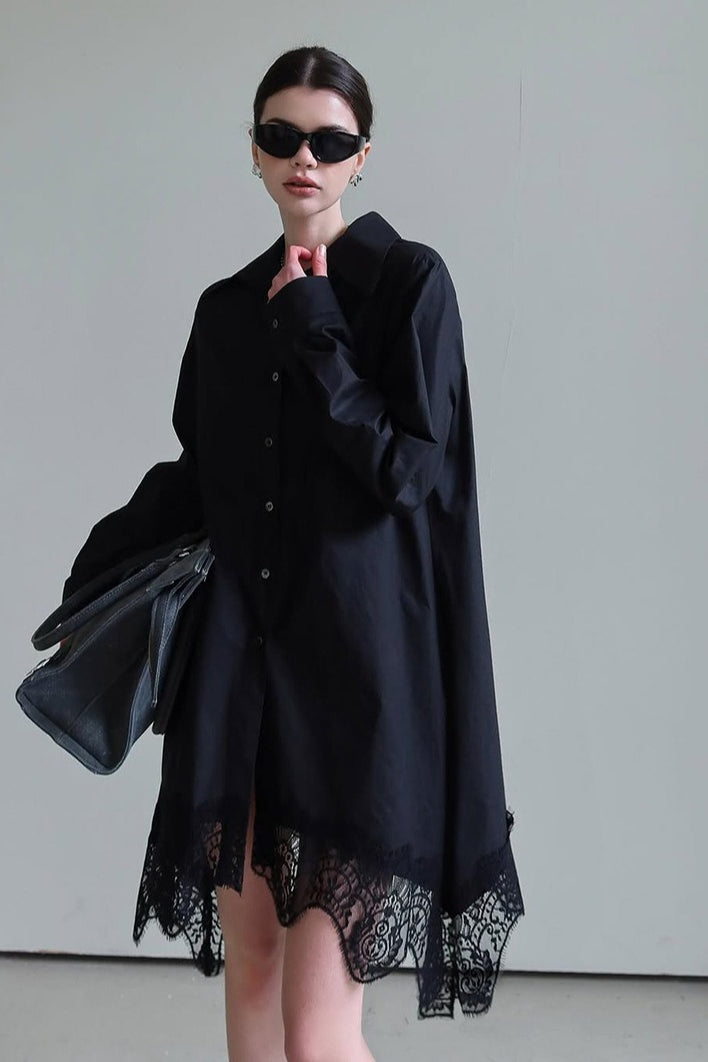 Point Collar Button Front Long Sleeve Lace Trim Handkerchief Hem Mini Shirt Dress