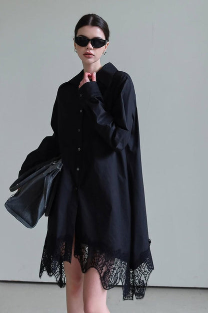 Point Collar Button Front Long Sleeve Lace Trim Handkerchief Hem Mini Shirt Dress