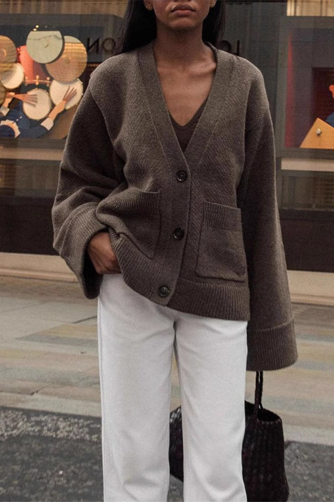 Solid Color Knit V-Neck Coat