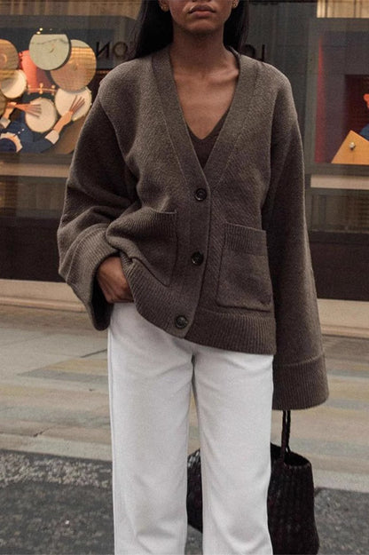 Solid Color Knit V-Neck Coat