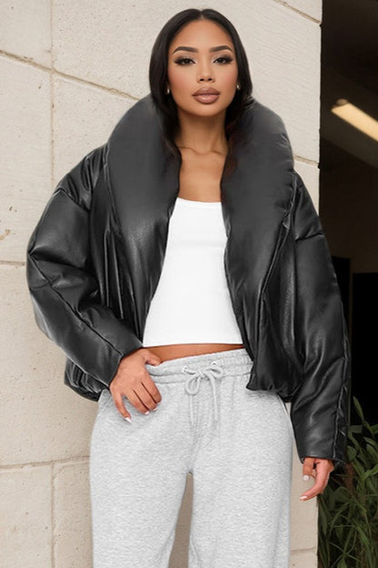 Faux Leather Stand Collar Cropped Puffer Jacket