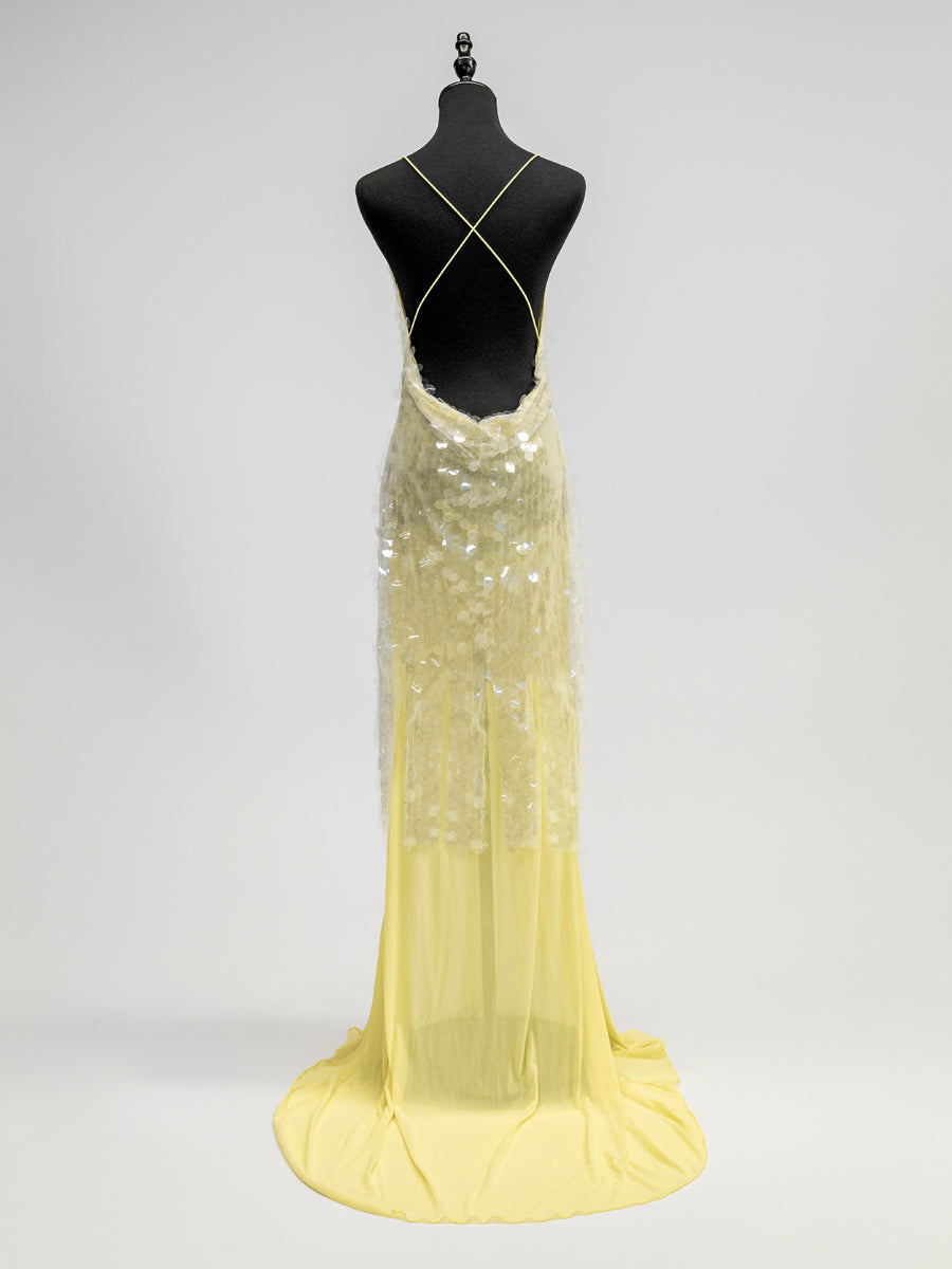 Sequin Sheer Maxi Slip Dress for Women - Butter Yellow Boho Backless V Neck Mermaid Cut Evening Gown - Summer Beach 2026