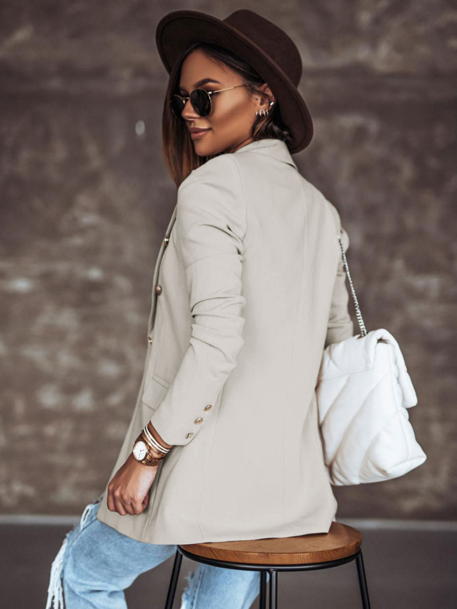 Blazer Jacket White Solid Color Turndown Collar Double Breasted Slim Fit Spring Fall Chic Street Outerwear For Women