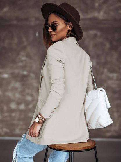 Blazer Jacket White Solid Color Turndown Collar Double Breasted Slim Fit Spring Fall Chic Street Outerwear For Women