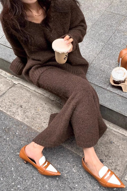 Lazy V-neck Knit Sweater Mermaid Skirt Two Piece Set