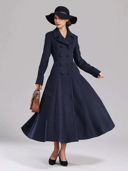 Wool Blend Flared Coat For Women Dark Navy Double-breasted Wide Lapel A-line Winter Outerwear 2026