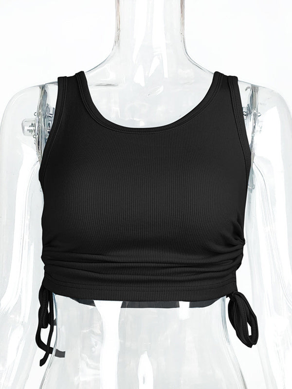 Simple Cami Tops Round Neck Drawstring Convertible Casual Camis