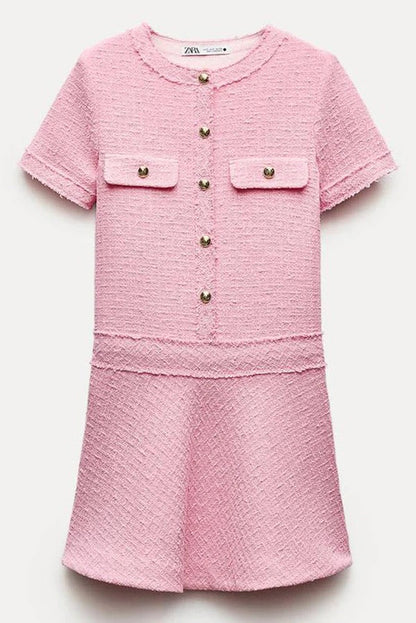 1960s London Girl Tweed Textured Gold Button Short Sleeve Pocketed Mini Dress