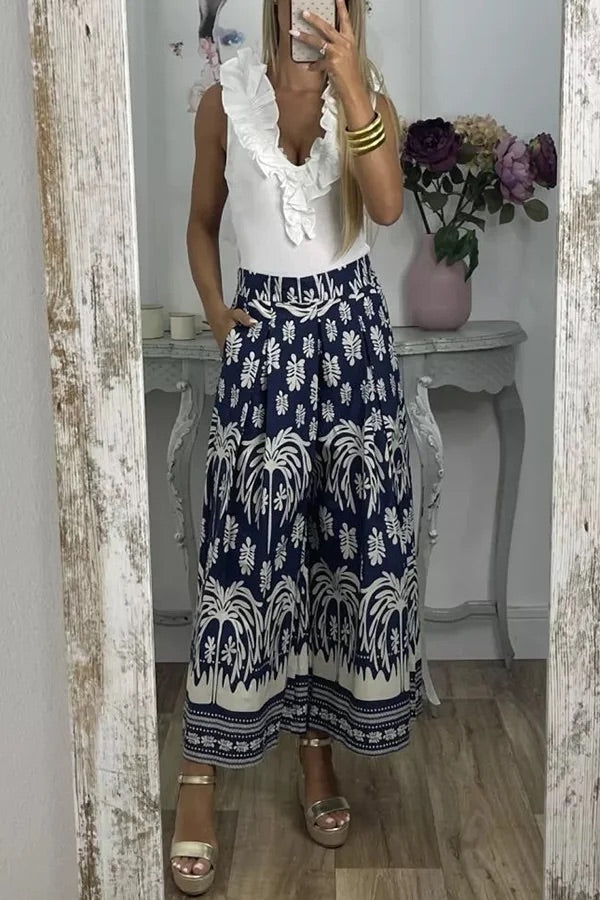 Unique Print Elastic Waist Loose Pocket Holiday Wide Leg Pants