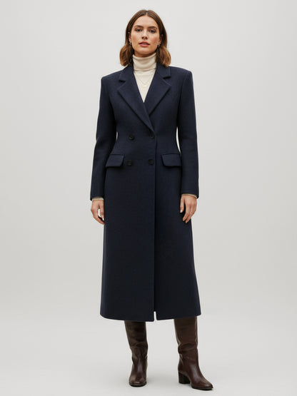 Woolen Double-Breasted Long Coat With Notch Lapel And Flap Pockets For Women 2026
