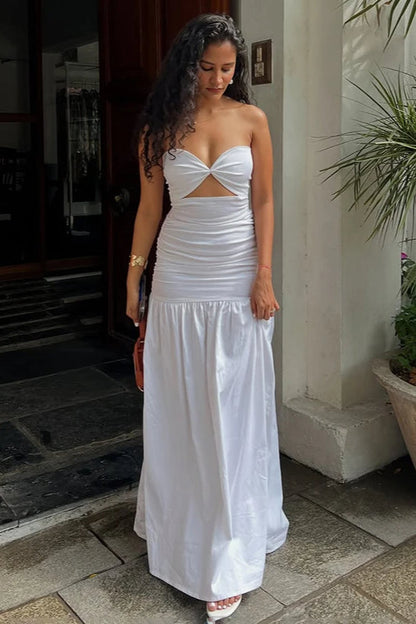 Mesh Strapless Hollow Colorblock Maxi Dress