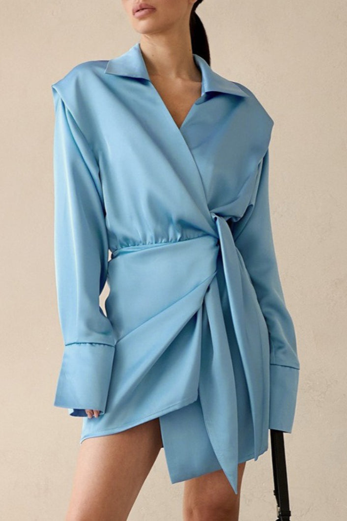 Collared Deep V-Neck Wrap Front Tie Waist Long Sleeve Satin Mini Dress