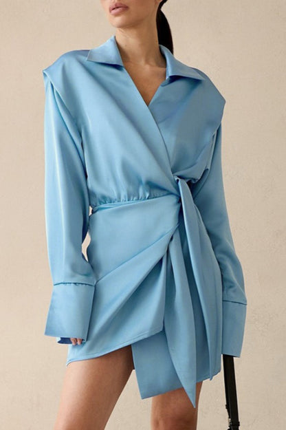 Collared Deep V-Neck Wrap Front Tie Waist Long Sleeve Satin Mini Dress
