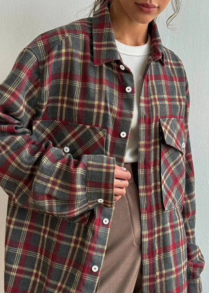 Retro Plaid Women's Shirt - Minimalist Long Sleeve