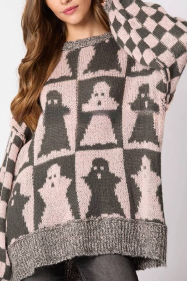 Halloween Ghost Plaid Crew Neck Sweater