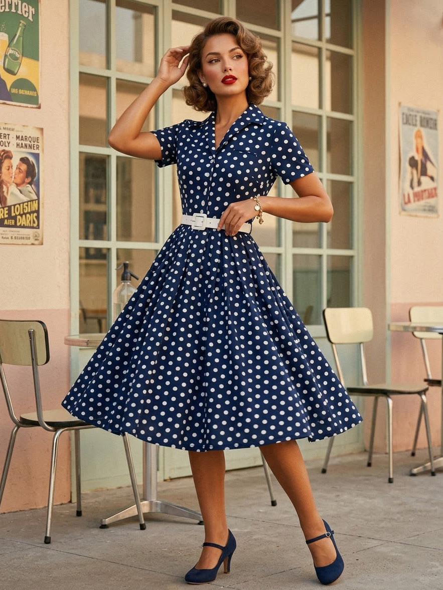 Retro Glamour Dress 1950s Style Turndown Collar Buttons Short Sleeves Polka Dot Swing Dress