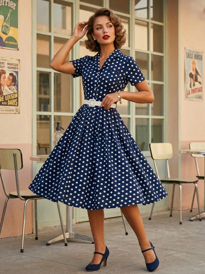 Retro Glamour Dress 1950s Style Turndown Collar Buttons Short Sleeves Polka Dot Swing Dress
