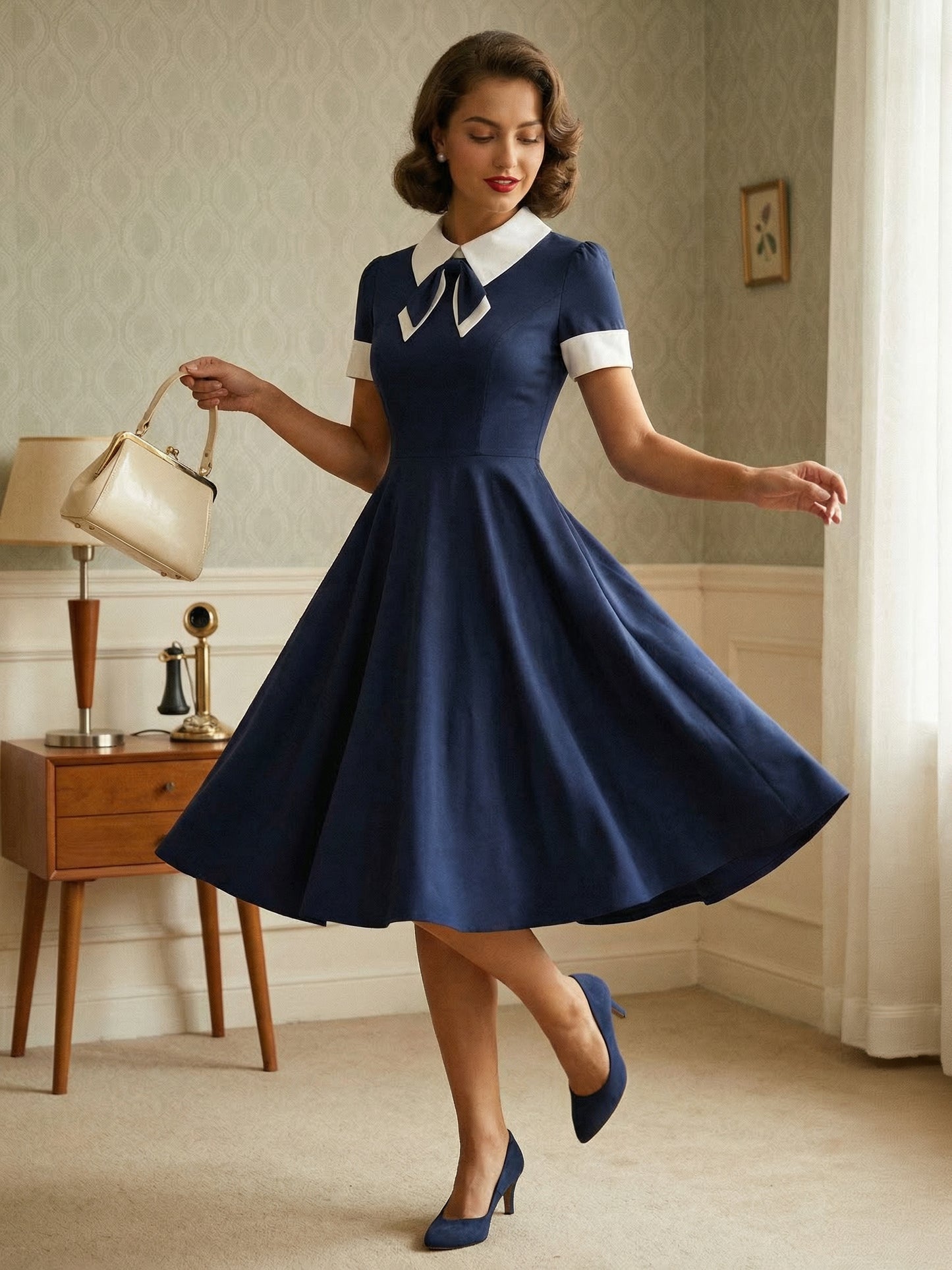 Vintage 1950s Swing Cocktail Dress for Women - V Neck Short Sleeve A-Line Ruched Bust Rockabilly Midi Gown - Wedding Guest 2026