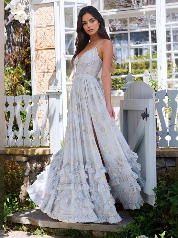 Floral Layered Ruffles Maxi Party Dress High Slit Strap Dress 2026