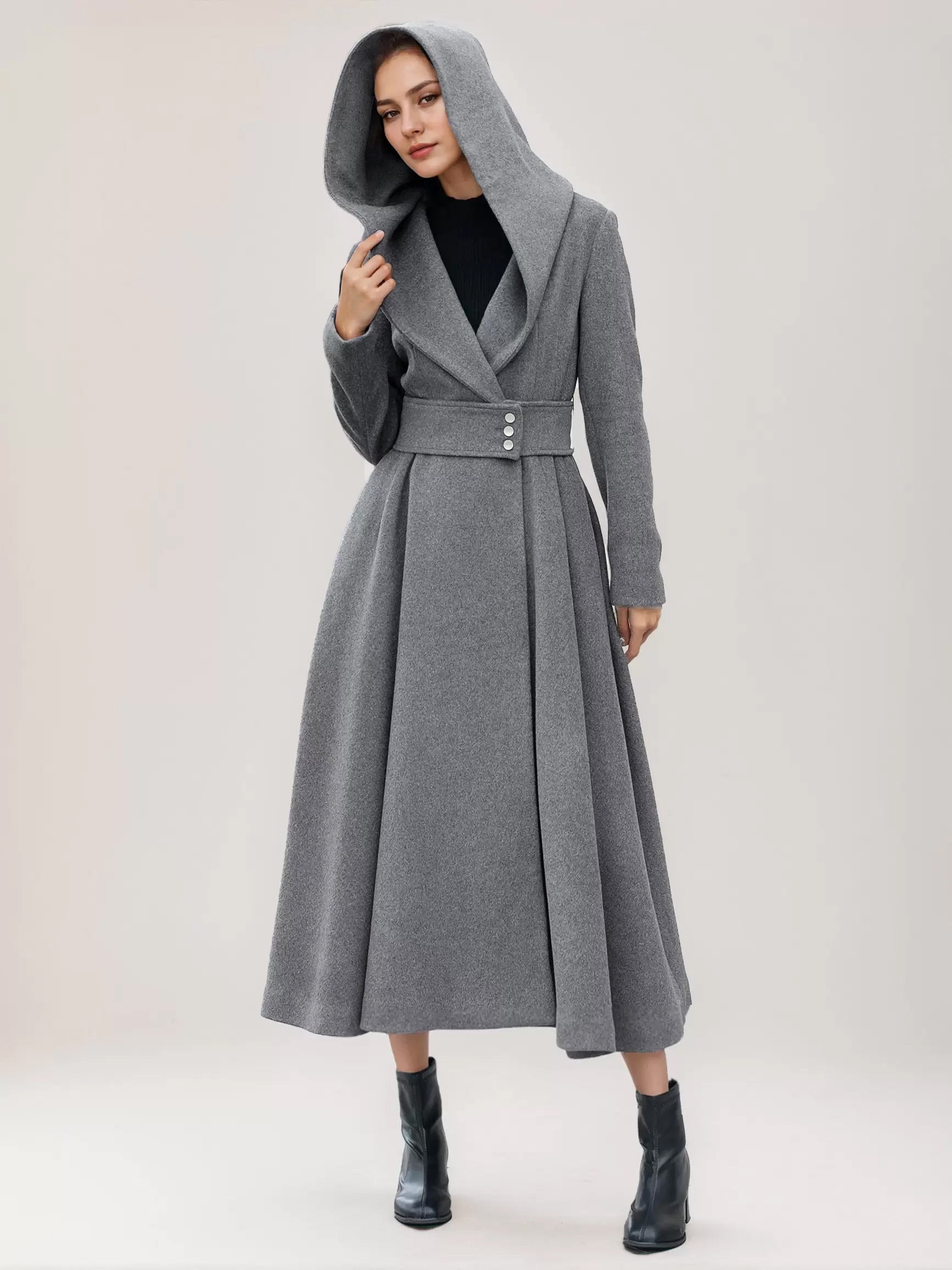 Flared Woolen Coat For Woman Hooded Gray Belted A-line Winter Long Outerwear 2026