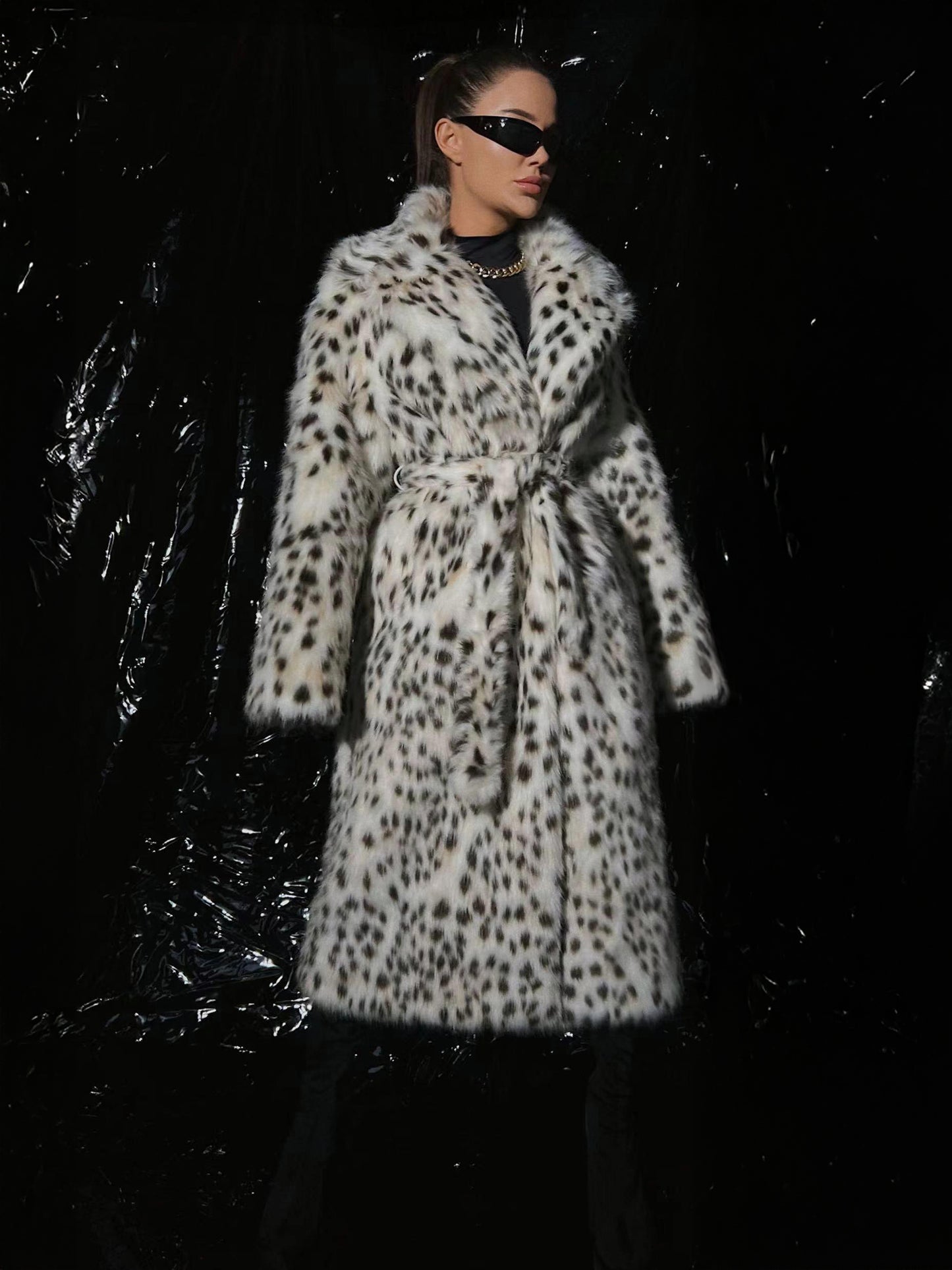Leopard Print Faux Fur Coats Oversized Lapel Winter Belted Long Jacket For 2026