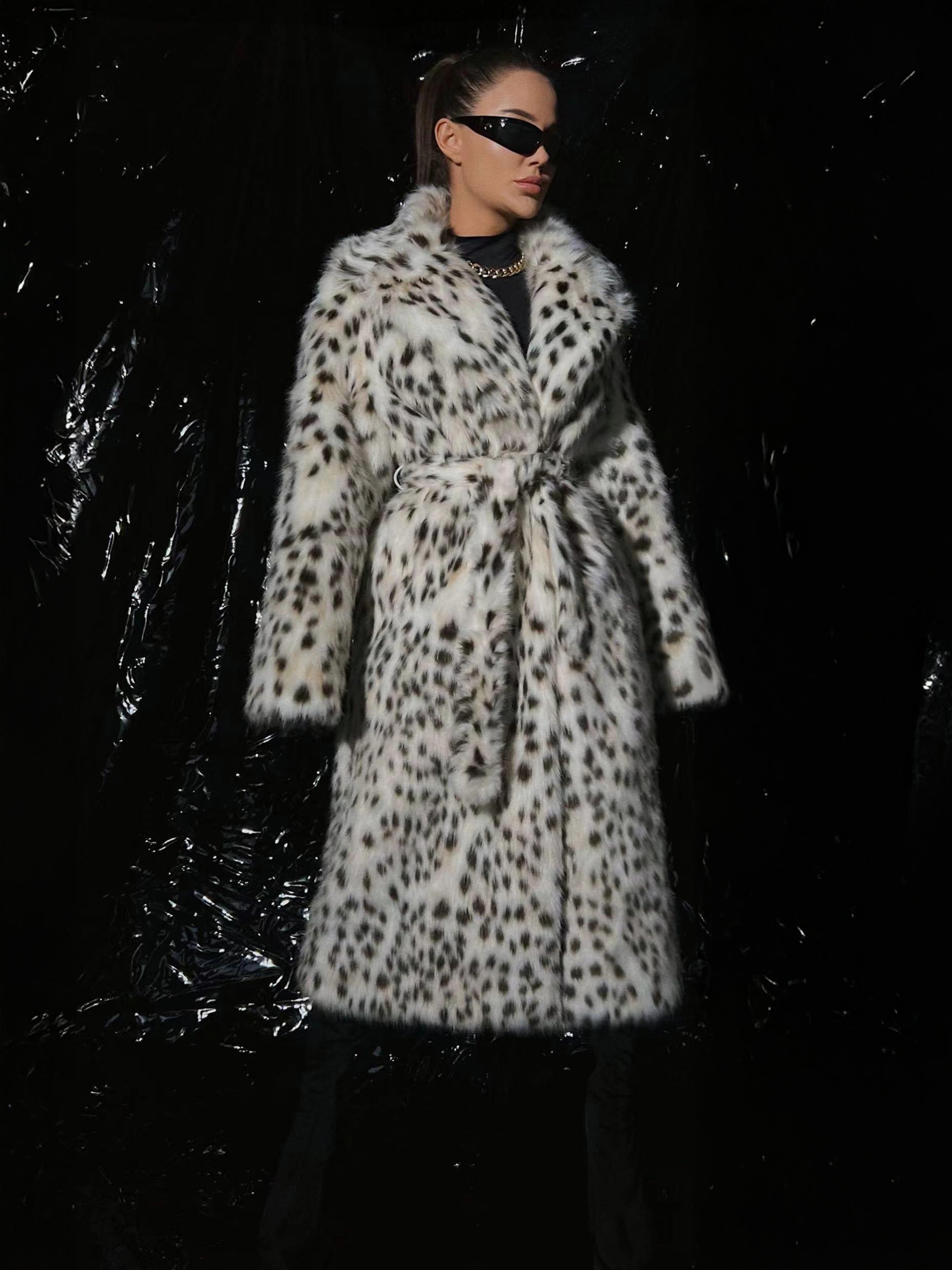 Leopard Print Faux Fur Coats Oversized Lapel Winter Belted Long Jacket For 2026