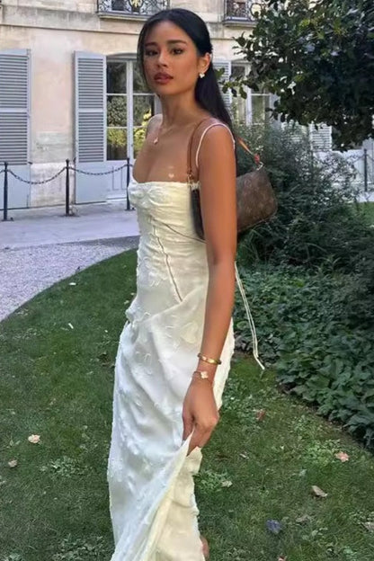 Vintage Cream Strap Floral Backless Maxi Dress