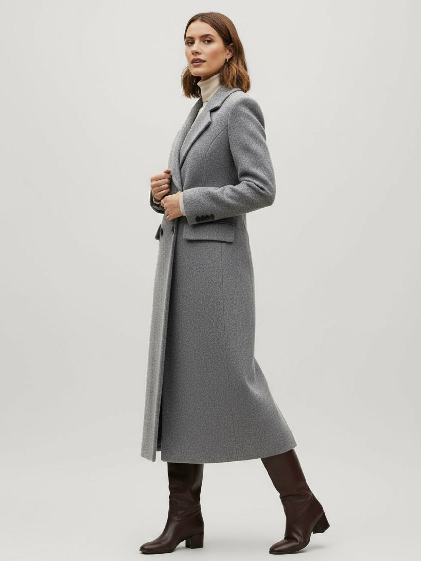 Woolen Double-Breasted Long Coat With Notch Lapel And Flap Pockets For Women 2026