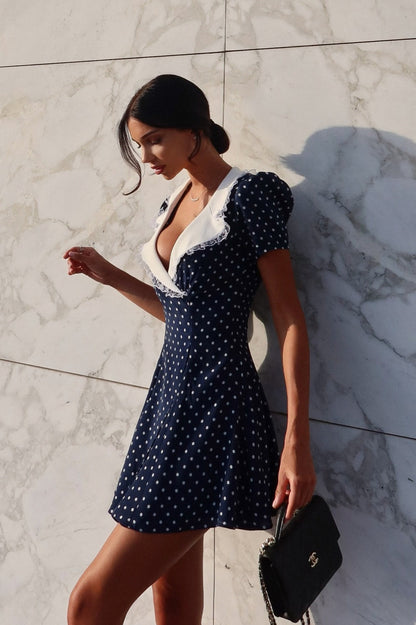 Polka Dot Lace Trim Peter Pan Collar Puff Sleeve Mini Dress