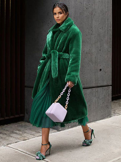 Longline Fux Fur Coat Notched Lapel Belted Eco-friendly Winter Jacket 2026