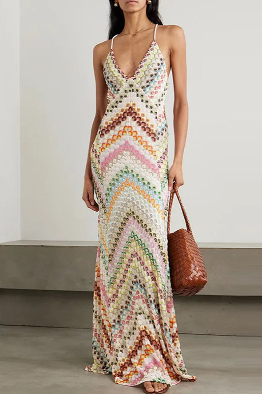 Chevron Print Halter Deep V-Neck Sleeveless Maxi Dress