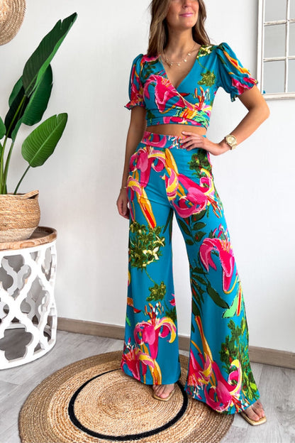 Floral Print V Neck Short Sleeves Crop Top Elastic Waist Wide Leg Pants Set