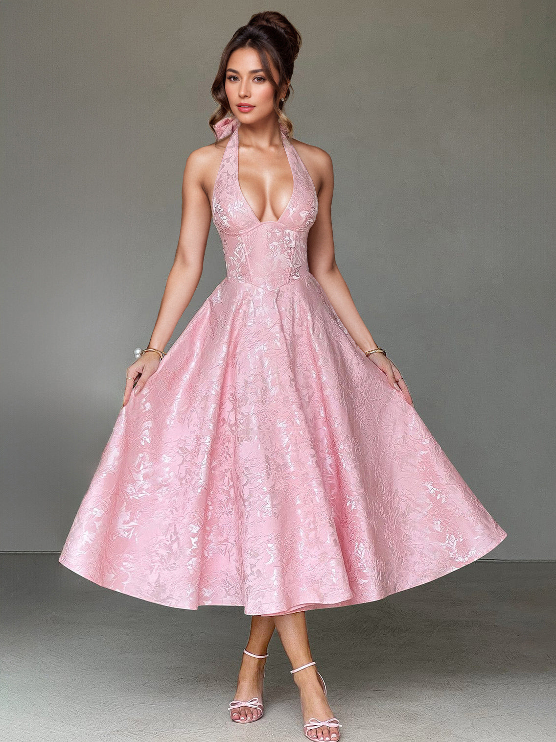 Soft Pink Floral Midi Dress Halter Summer A-line Vintage Dress For Women 2026